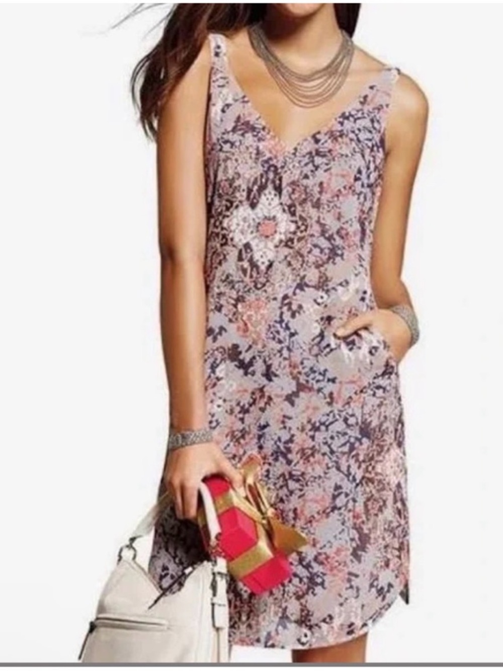 CAbi blouson Dress Small peach Gray Floral  pocket sleeveless lined knee